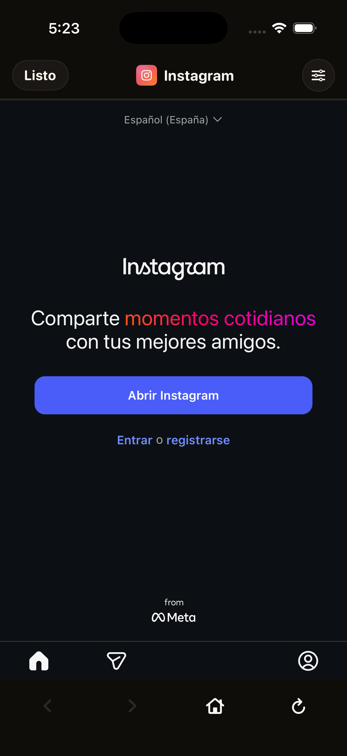 Instagram dentro de Tranqui, sin el botón de Reels